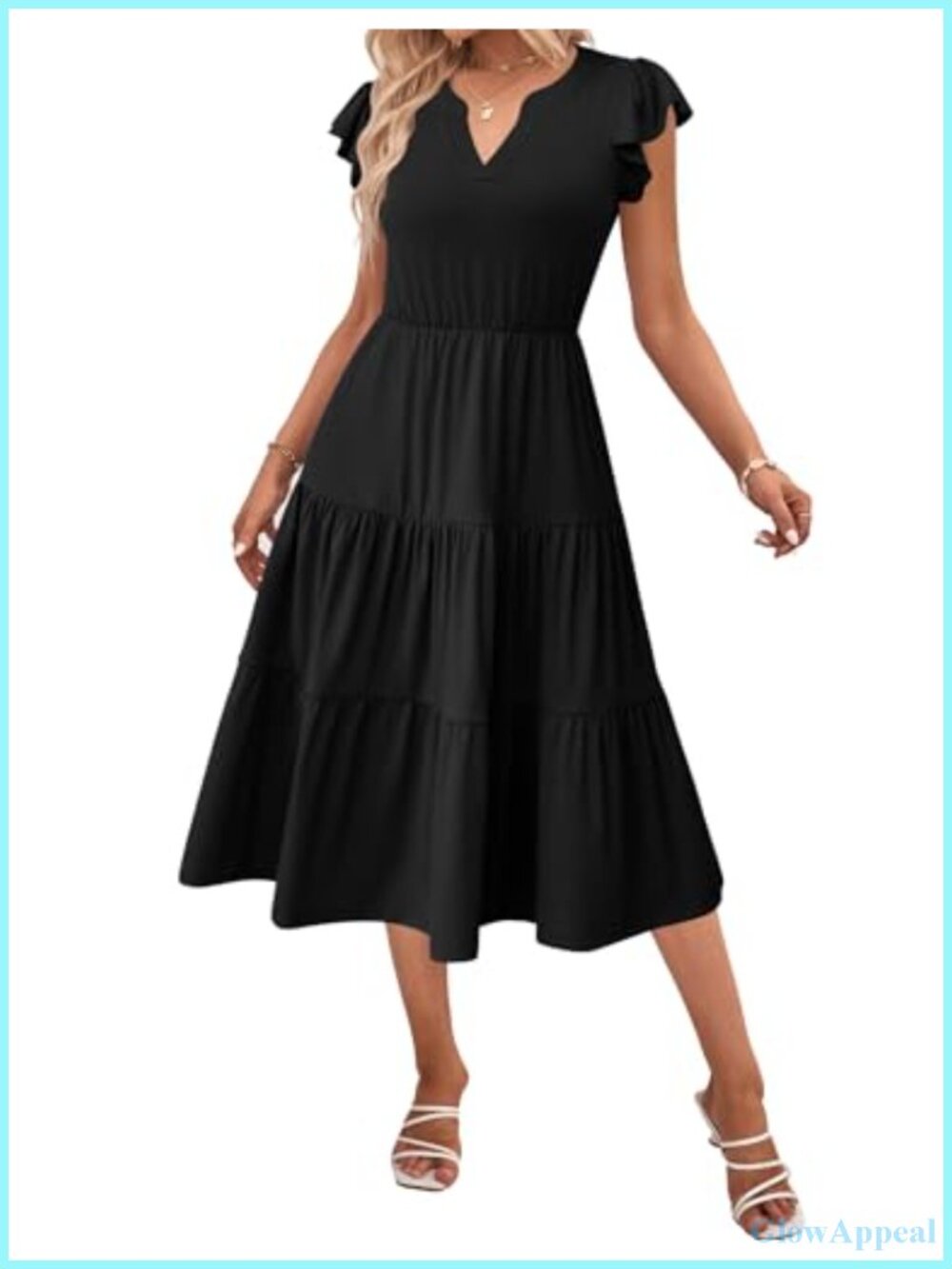 Womens Casual Midi Dress Ruffle Sleeve V Neck Flowy Tiered Dress with Pockets